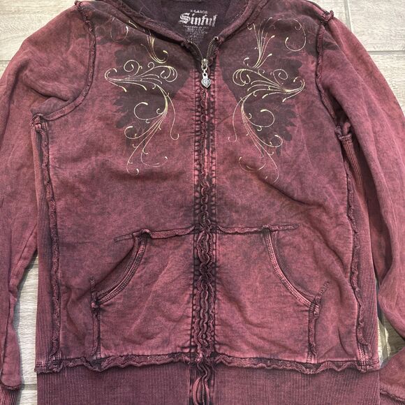 Vintage Y2K Sinful Hoodie Xl Women's Maroon Wings Feathers Gold Metallic - Picture 4 of 10
